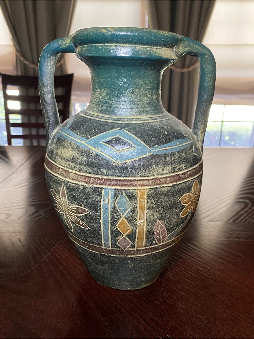 River Junction pottery jug with two handles 12 inches tall etched design